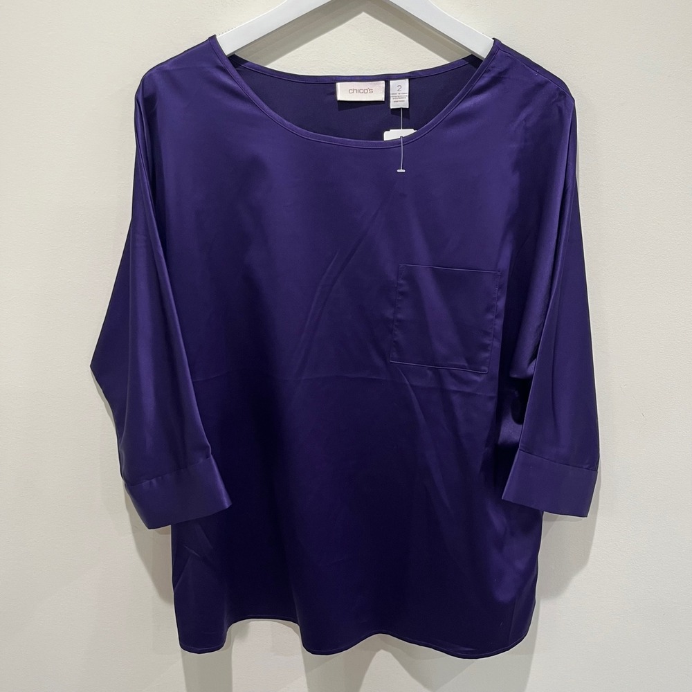 New Chicos Soft Shimmer Emmy Top Women Size 2 Deep Purple Satin Blouse Classic